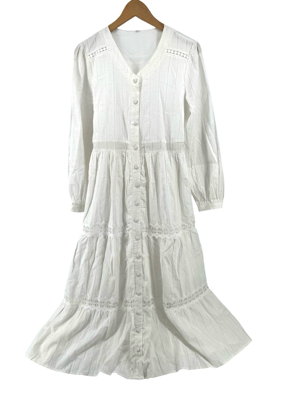 White Cotton Swiss Dot Maxi Dress Cottagecore Prairie Lace Tiered Boho M - Picture 2 of 9